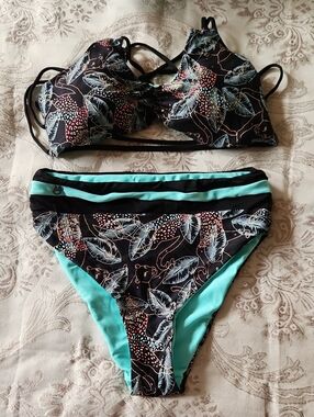 Maaji Black Floral Bikini Set with Aqua Accents